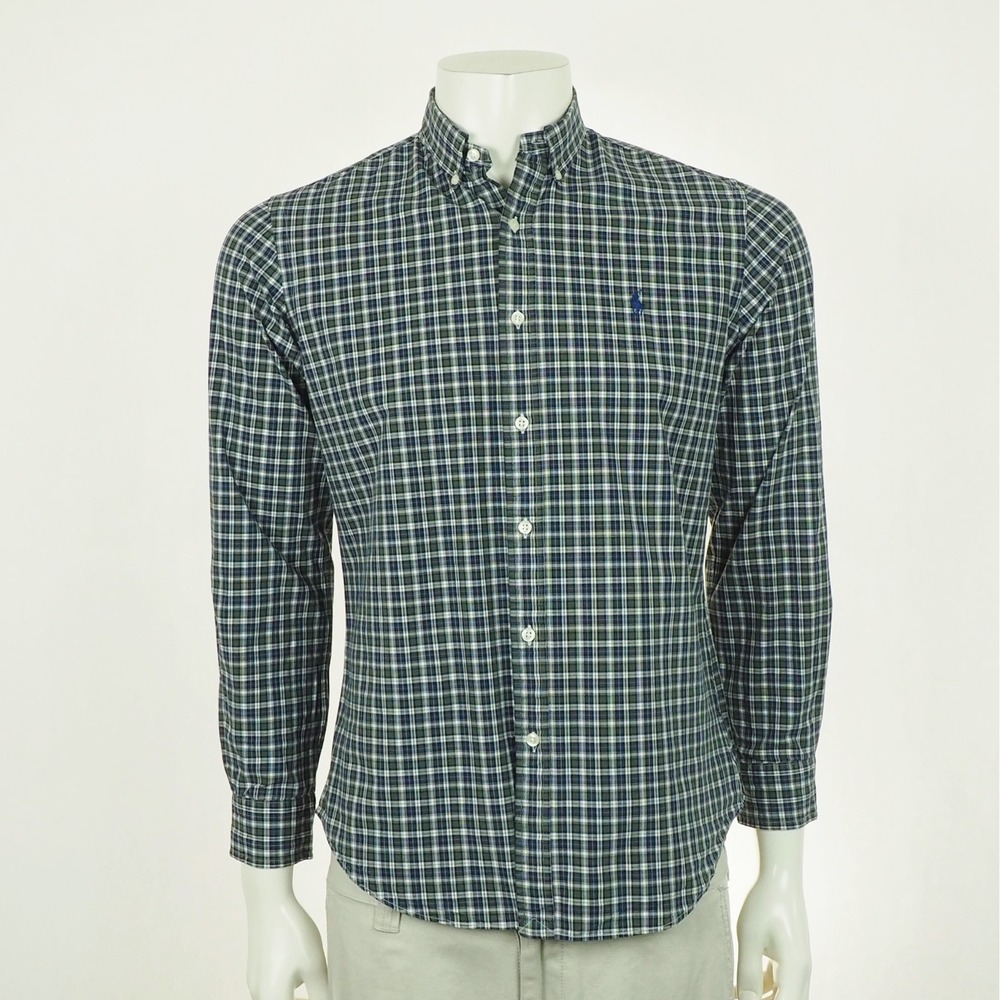 Polo Ralph Lauren Button Down Shirt Mens Medium 15.5 Green Plaid Slim Fit Cotton